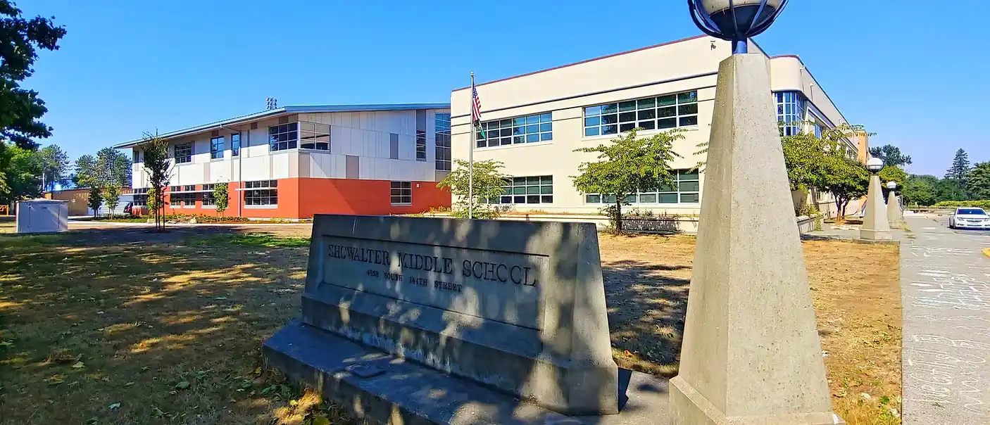 Image of the main entrance to the renovated school.
